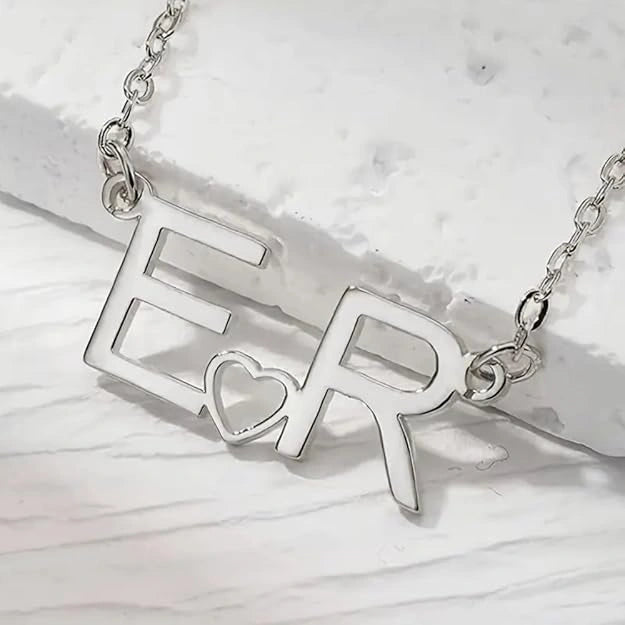 Personalized Couple Initial Necklace with Heart - Custom Two Letter Nameplate Pendant for Women