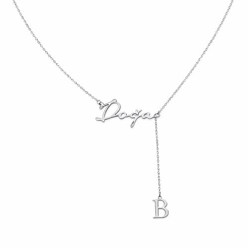 Custom Script Name & Initial Y-Lariat Necklace – Personalized Lariat Nameplate with Drop Alphabet Letter