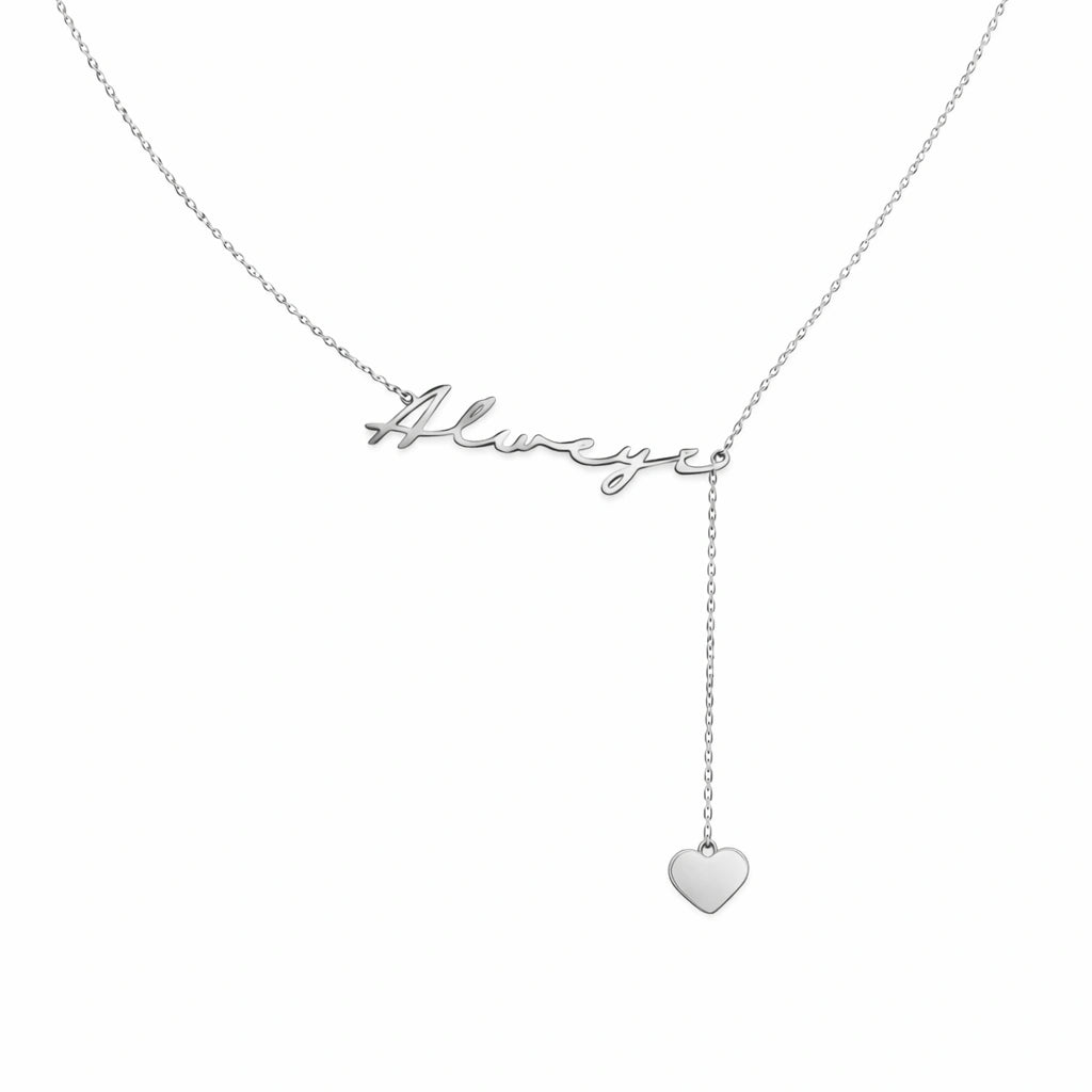 Custom Script Name & Heart Charm Y-Lariat Necklace – Personalized Lariat Nameplate with Dainty Heart Pendant
