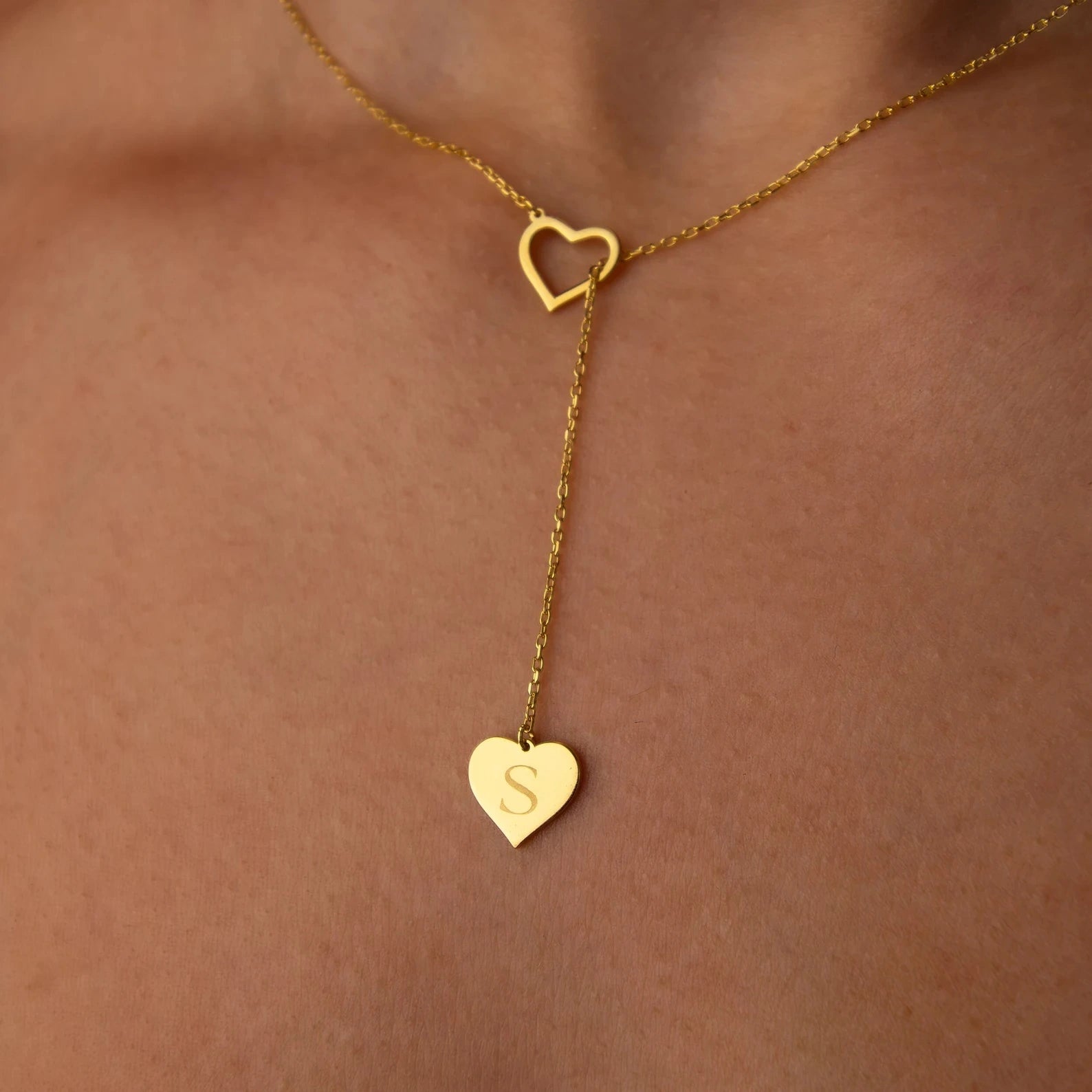 Customised Heart Initial Y-Necklace - Custom Engraved Letter in Heart Lariat Pendant for Women