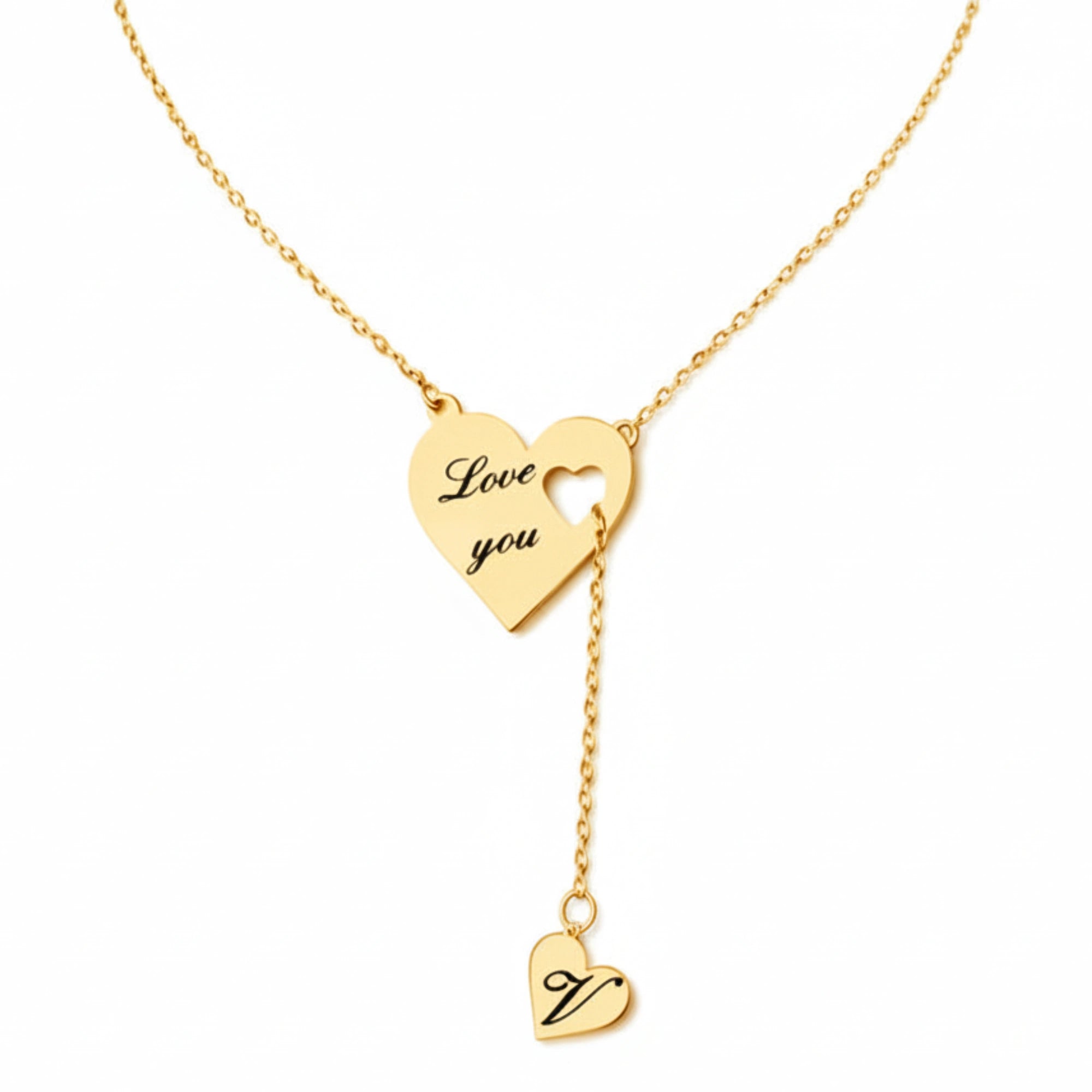Personalized Heart Y-Lariat Necklace with Custom Initial – Engraved "Love You" Pendant-Romantic Birthday & Anniversary Gift for Her