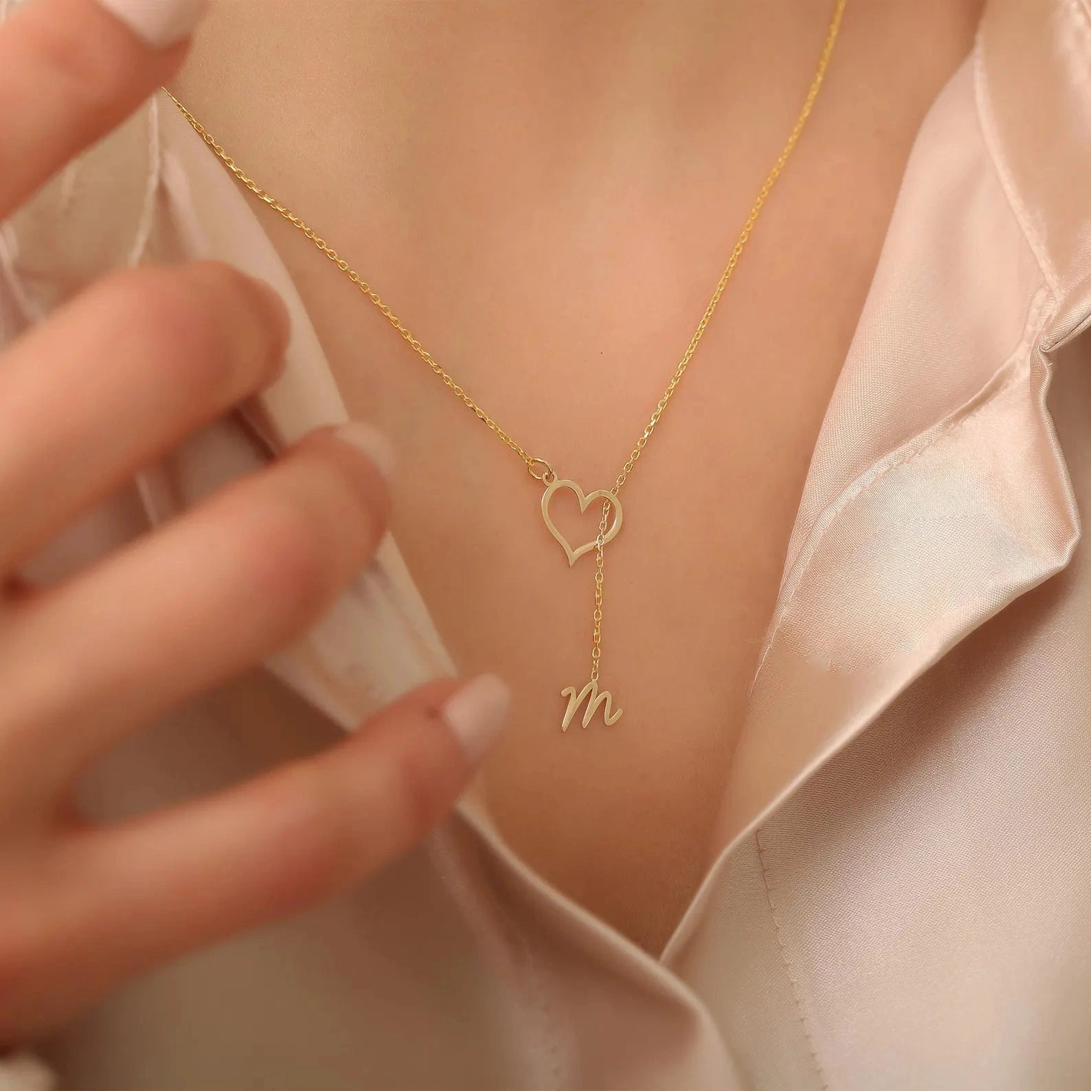 Custom Heart Initial Y-Necklace - Custom Lariat Drop Letter Pendant for Women