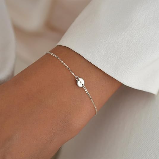 ersonalised Initial Alphabet Chain Bracelet for Women & Girls | Custom Silver Plated Round Disc Letter Bracelet | Stainless Steel Minimalist Jewellery Gift for Her