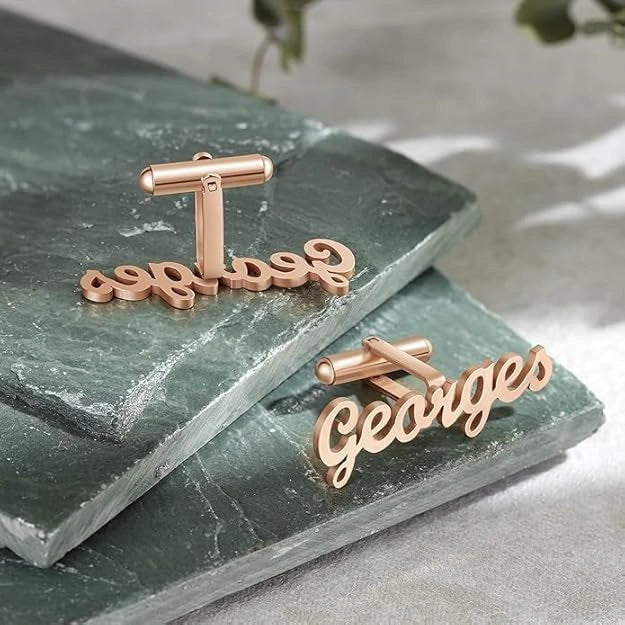Custom Name Cufflinks for Men - Personalized Modern Cursive Lettering in Brass