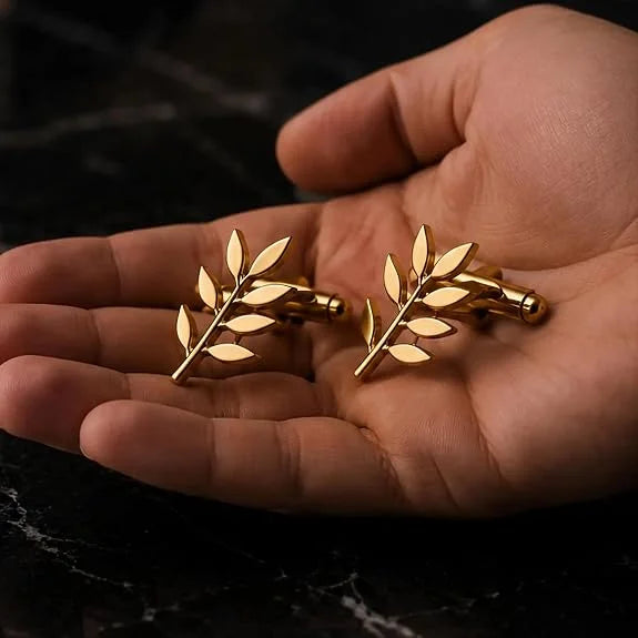 Olive Branch Cufflinks for Men, Premium Brass Gold Leaf Cufflinks, Elegant Nature Inspired Wedding Cufflinks, Formal Shirt Cufflinks for Men, Business Suit Accessories, Groom Gift, Luxury Cuff Links