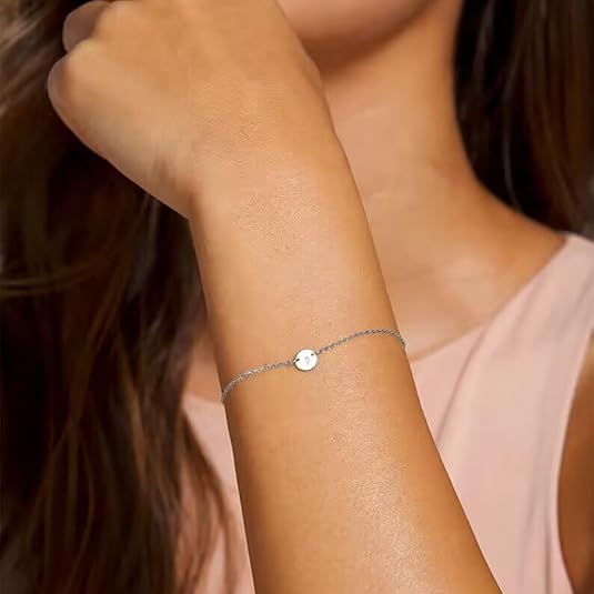 ersonalised Initial Alphabet Chain Bracelet for Women & Girls | Custom Silver Plated Round Disc Letter Bracelet | Stainless Steel Minimalist Jewellery Gift for Her