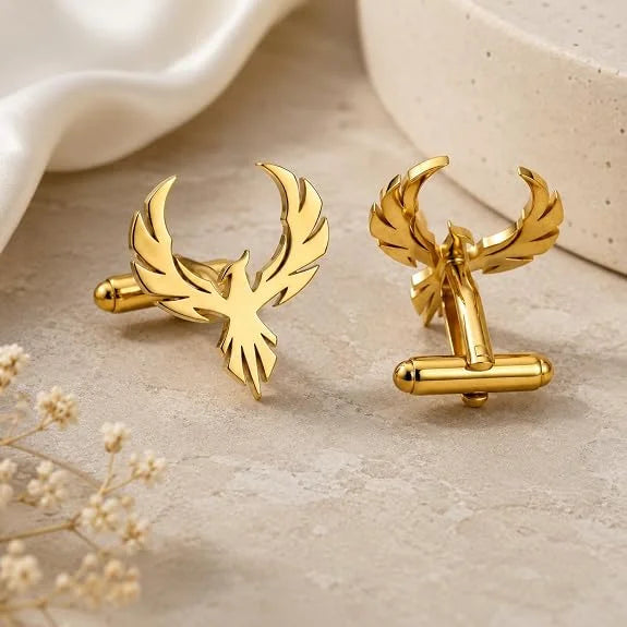 Premium Phoenix Bird Cufflinks for Men | Gold Tone Brass Designer Shirt Cufflinks | Luxury Formal & Wedding Accessories