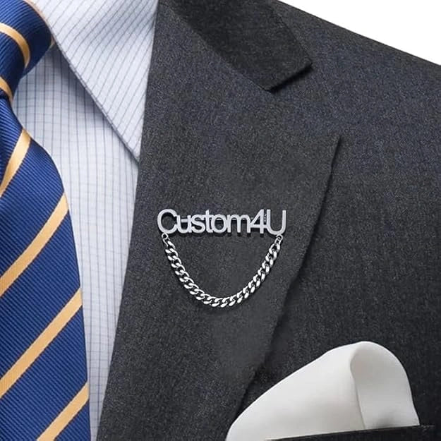 Custom Name Brooch Pin with Chain – Personalized Gold Plated Name Badge for Men & Women