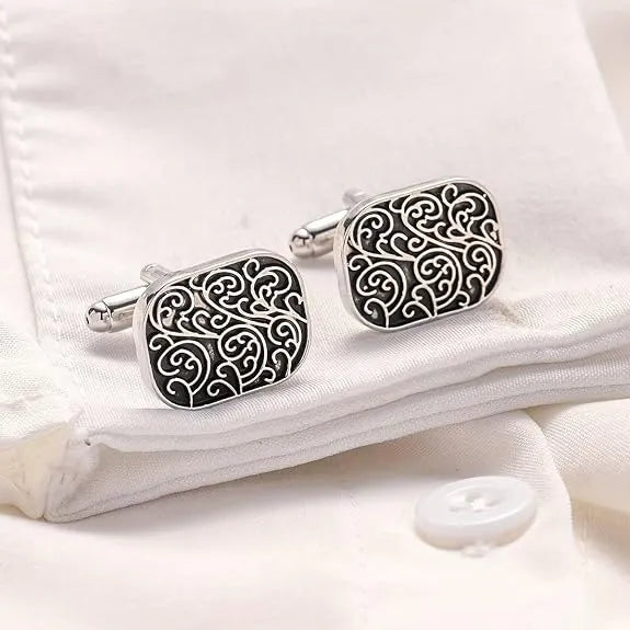 Classic Retro Roman Pattern Cufflinks for Men, Silver Tone Black Enamel Ornamental Cuff Links for Formal Shirts, Designer Shirt Cufflinks for Wedding, Business, Office & Special Occasions, Stylish Men's Accessories