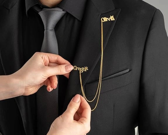 Personalized Double Name Brooch with Gold Chain | Custom Name Lapel Pin for Men & Women | Stylish Gold Plated Coat Brooch for Blazer, Suit & Wedding