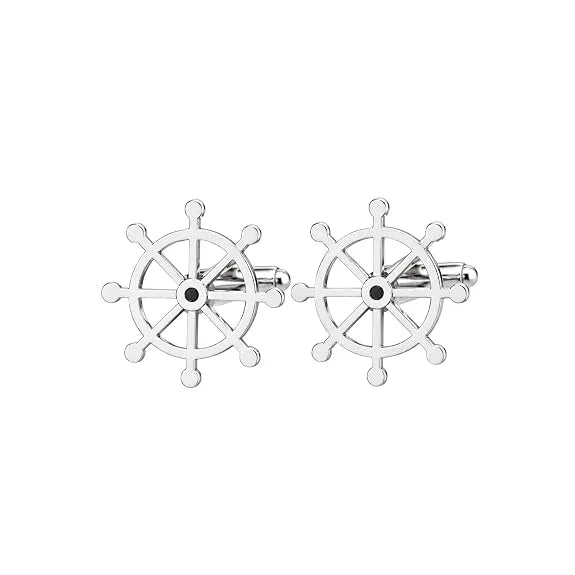 Ship Wheel Cufflinks for Men, Silver Nautical Cufflinks in Brass, Anchor Helm Steering Wheel Design, Classic Maritime Shirt Cuff Links for Wedding, Business, Office & Formal Wear