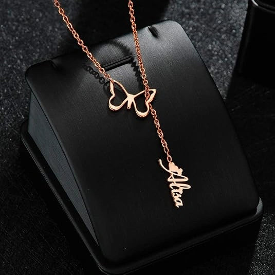 Personalized Butterfly Name Y-Necklace - Custom Vertical Nameplate Pendant with Butterfly Charm for Women & Girls