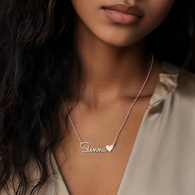Custom Name Necklace with Heart - Custom Cursive Nameplate Pendant for Women