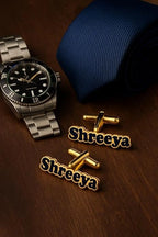 Personalized Golden & Black Enamel Name Cufflinks - Custom Brass Designer Cufflinks for Men