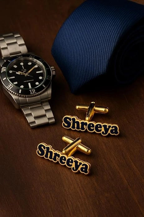 Personalized Golden & Black Enamel Name Cufflinks - Custom Brass Designer Cufflinks for Men