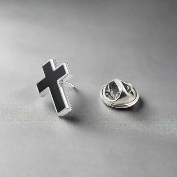 Moskai Men’s Black Cross Enamel  Lapel Brooch Pin Silver Metal Christian Cross Badge