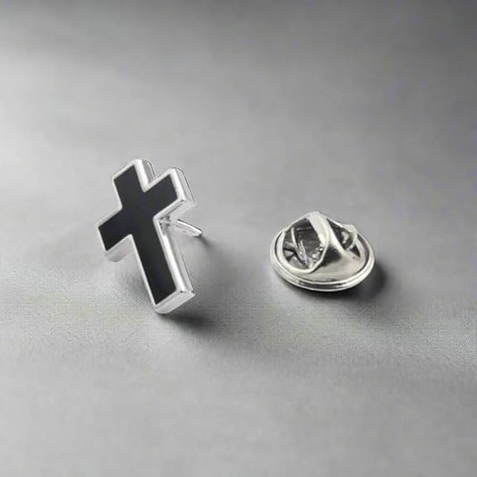Moskai Men’s Black Cross Enamel  Lapel Brooch Pin Silver Metal Christian Cross Badge