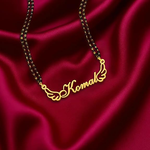 Moskai Personalized Name Mangalsutra – Wings Design Gold Plated Black Beads Necklace