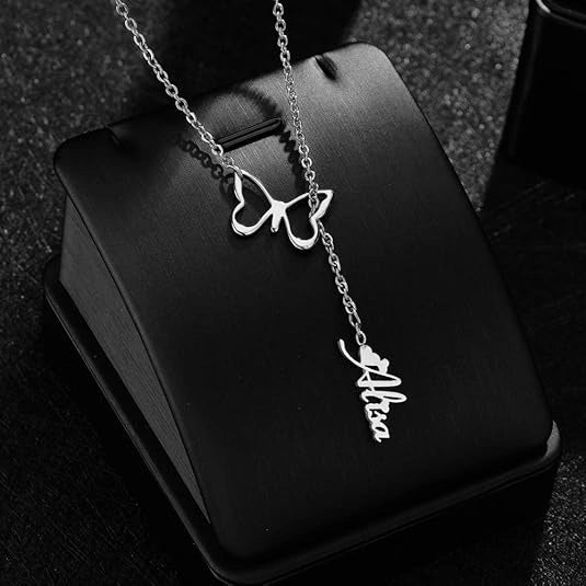 Personalized Butterfly Name Y-Necklace - Custom Vertical Nameplate Pendant with Butterfly Charm for Women & Girls