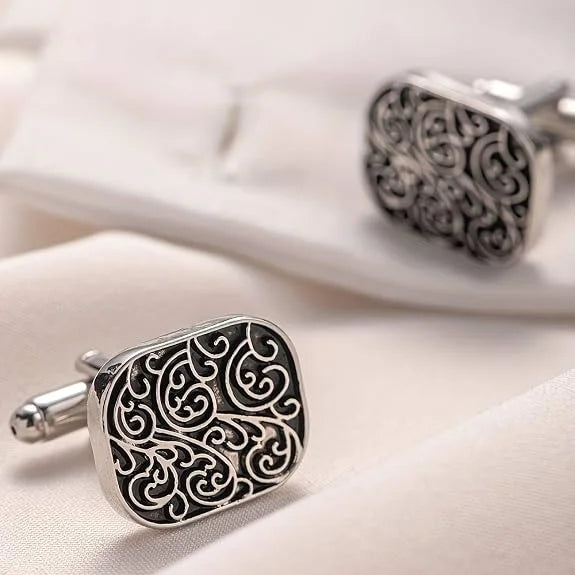 Classic Retro Roman Pattern Cufflinks for Men, Silver Tone Black Enamel Ornamental Cuff Links for Formal Shirts, Designer Shirt Cufflinks for Wedding, Business, Office & Special Occasions, Stylish Men's Accessories