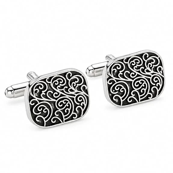 Classic Retro Roman Pattern Cufflinks for Men, Silver Tone Black Enamel Ornamental Cuff Links for Formal Shirts, Designer Shirt Cufflinks for Wedding, Business, Office & Special Occasions, Stylish Men's Accessories