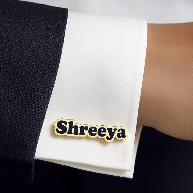 Personalized Golden & Black Enamel Name Cufflinks - Custom Brass Designer Cufflinks for Men