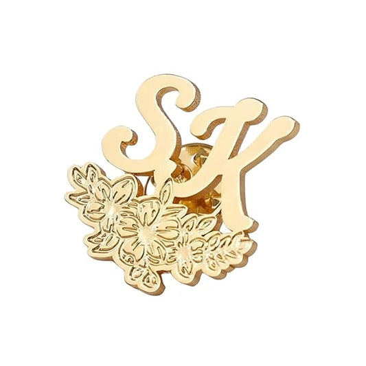 Personalized Floral Deep Engraving Initial Name Brooch Pin – Custom Letter Name Lapel Badge for Men & Women