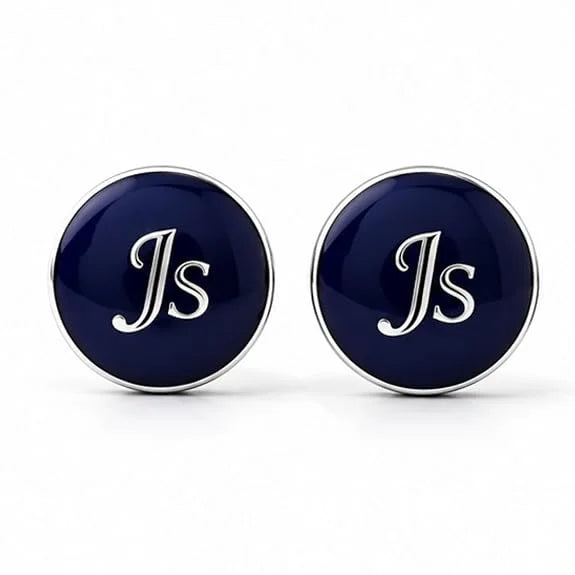 Personalised Cufflinks for Men | Custom Name & Initial Engraved Cufflinks | Navy Blue Round Design with Silver-Tone Finish | Formal Wear Accessories for Wedding, Groom & Special Occasions | Gift Ready