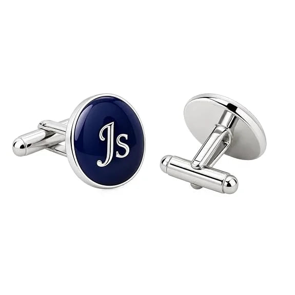Personalised Cufflinks for Men | Custom Name & Initial Engraved Cufflinks | Navy Blue Round Design with Silver-Tone Finish | Formal Wear Accessories for Wedding, Groom & Special Occasions | Gift Ready