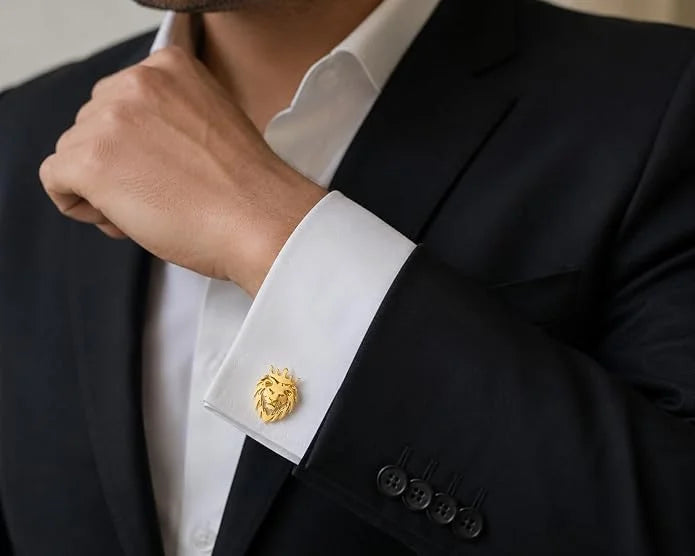 King Crown Lion Cufflinks for Men | Gold Plated Brass Lion Head Cufflinks for Formal Shirt | Royal Lion Face Design Shirt for Suit, Blazer, Tuxedo & Wedding, Suit & Blazer