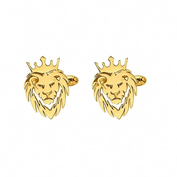 King Crown Lion Cufflinks for Men | Gold Plated Brass Lion Head Cufflinks for Formal Shirt | Royal Lion Face Design Shirt for Suit, Blazer, Tuxedo & Wedding, Suit & Blazer