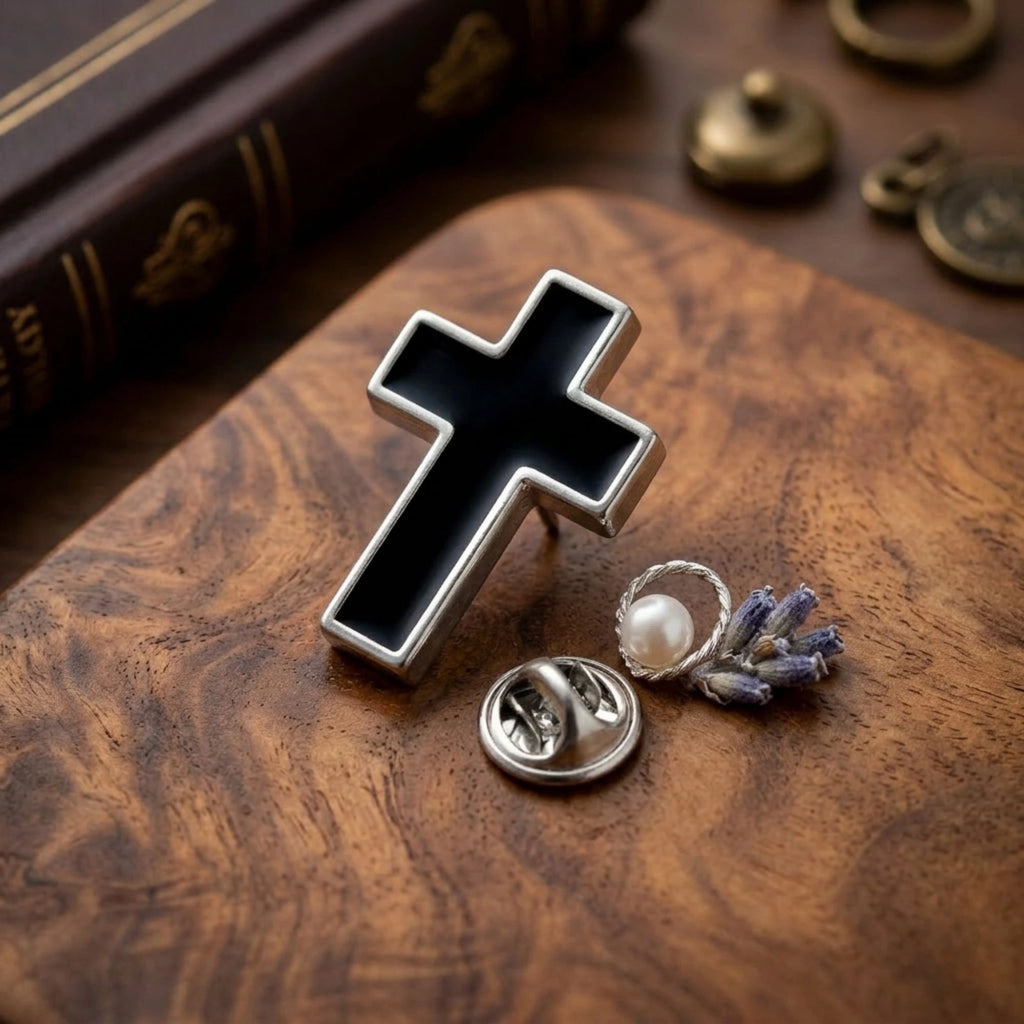 Elegant Men’s Black Cross Brooch - Religious Faith Lapel Pin in Premium Brass- Christian Wedding & Suit Accessory Gift