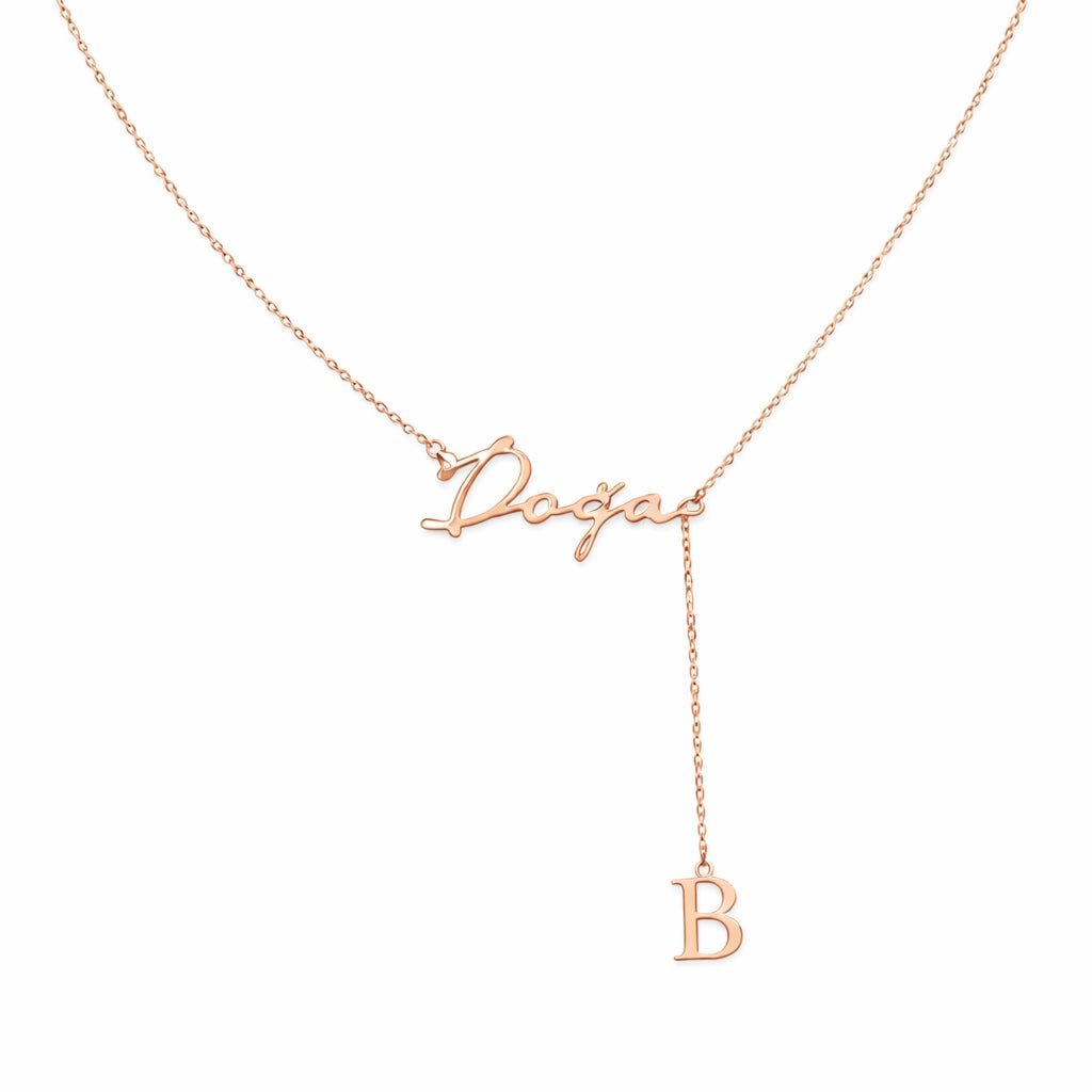 Custom Script Name & Initial Y-Lariat Necklace – Personalized Lariat Nameplate with Drop Alphabet Letter