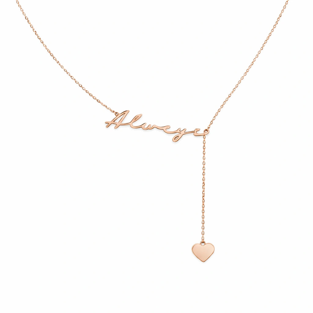 Custom Script Name & Heart Charm Y-Lariat Necklace – Personalized Lariat Nameplate with Dainty Heart Pendant