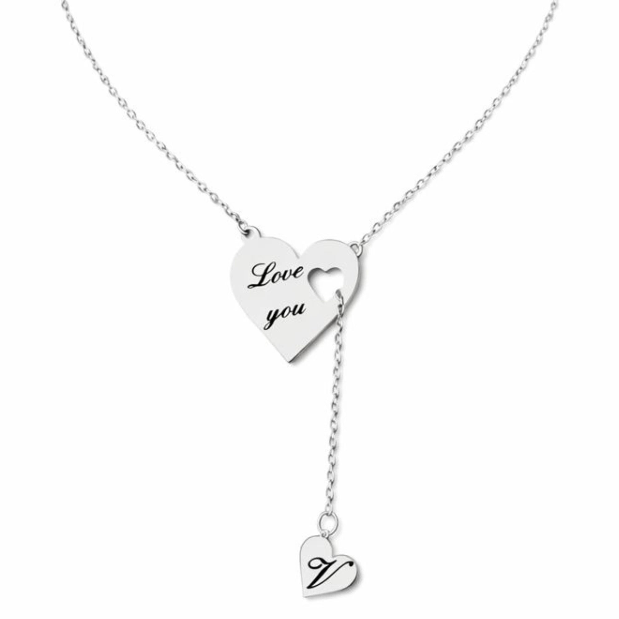 Personalized Heart Y-Lariat Necklace with Custom Initial – Engraved "Love You" Pendant-Romantic Birthday & Anniversary Gift for Her