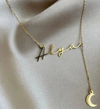 Custom Script Name & Crescent Moon Y-Lariat Necklace – Personalized Lariat Nameplate with Celestial Moon Charm