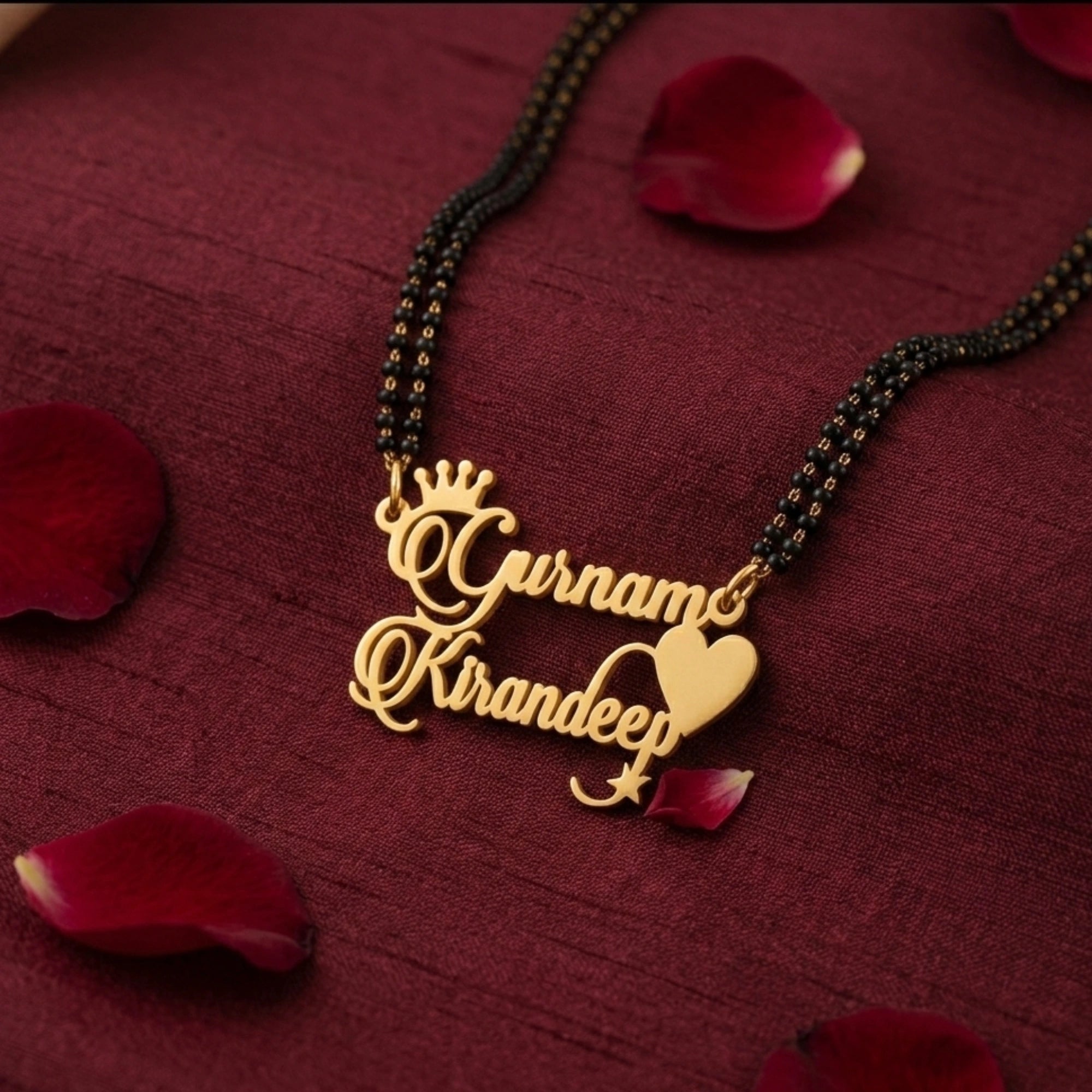 Personalized Double Name Crown Mangalsutra - Custom Couple Name Jewelry with Heart