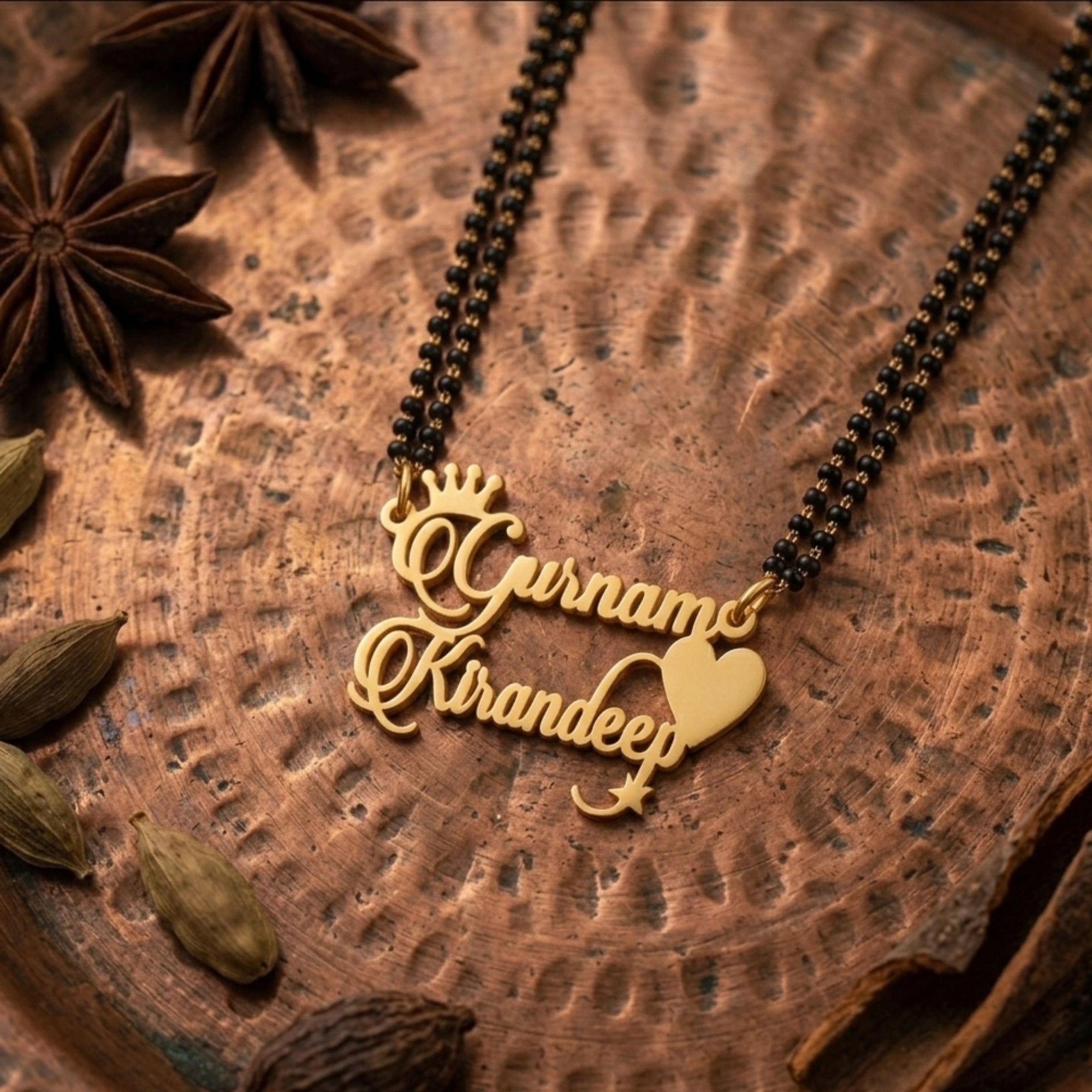 Personalized Double Name Crown Mangalsutra - Custom Couple Name Jewelry with Heart