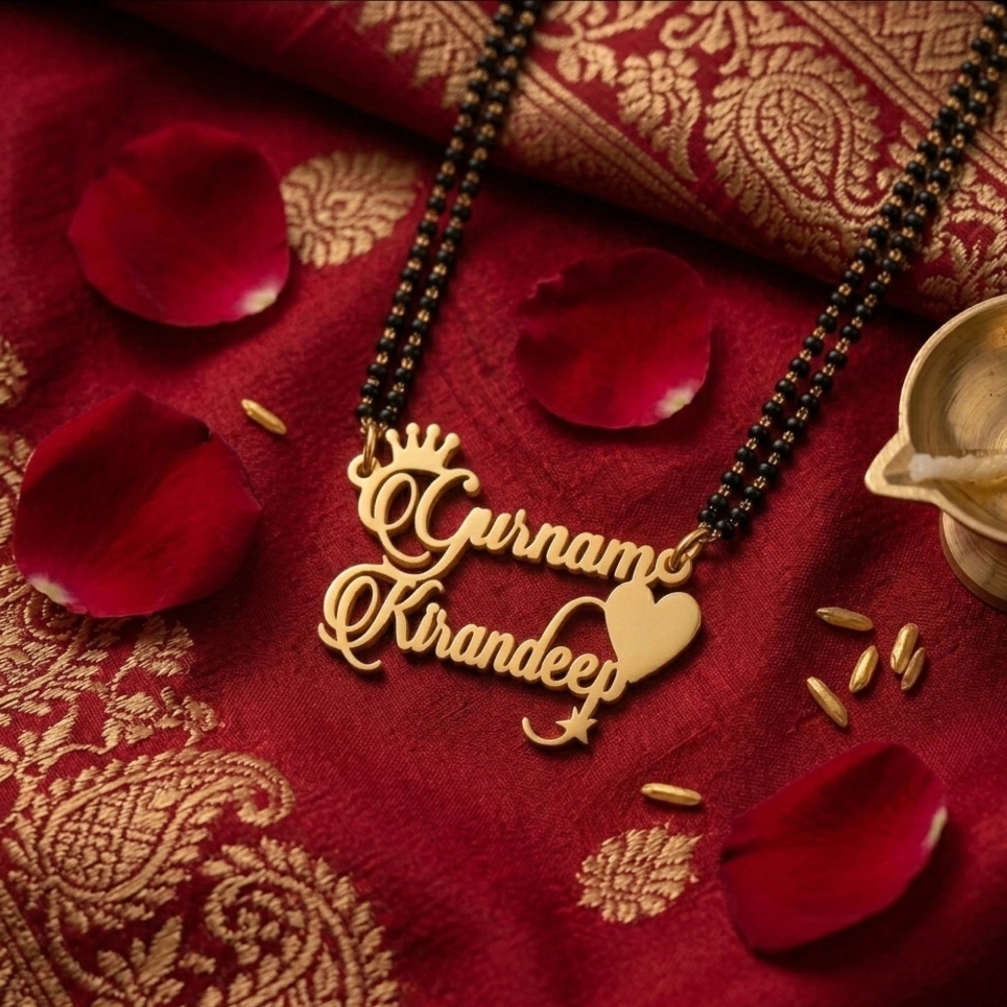 Personalized Double Name Crown Mangalsutra - Custom Couple Name Jewelry with Heart