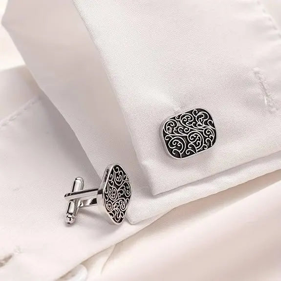 Classic Retro Roman Pattern Cufflinks for Men, Silver Tone Black Enamel Ornamental Cuff Links for Formal Shirts, Designer Shirt Cufflinks for Wedding, Business, Office & Special Occasions, Stylish Men's Accessories
