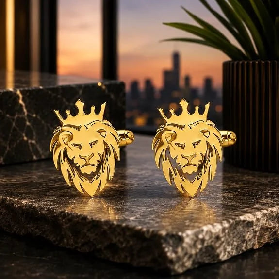 King Crown Lion Cufflinks for Men | Gold Plated Brass Lion Head Cufflinks for Formal Shirt | Royal Lion Face Design Shirt for Suit, Blazer, Tuxedo & Wedding, Suit & Blazer