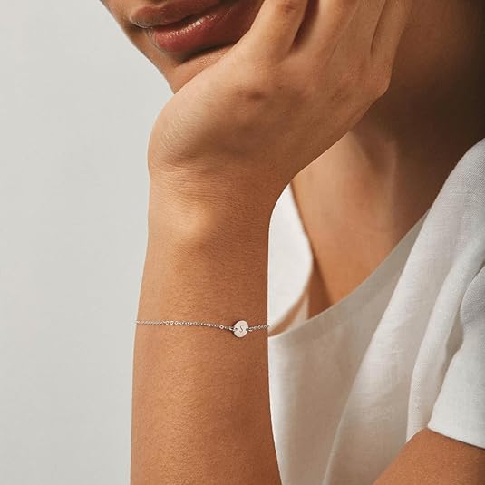 ersonalised Initial Alphabet Chain Bracelet for Women & Girls | Custom Silver Plated Round Disc Letter Bracelet | Stainless Steel Minimalist Jewellery Gift for Her