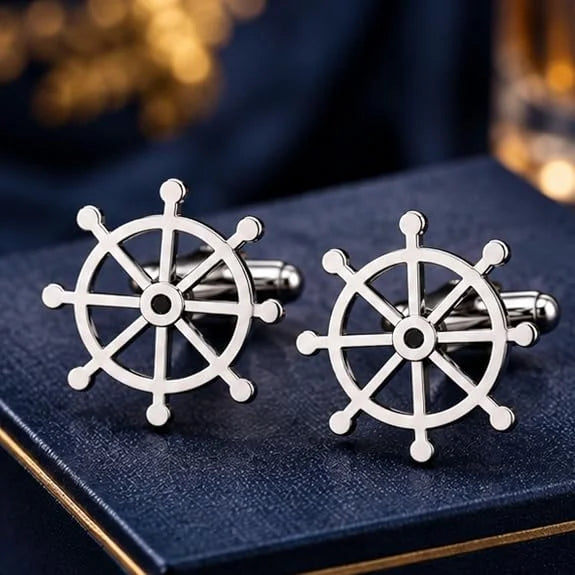 Ship Wheel Cufflinks for Men, Silver Nautical Cufflinks in Brass, Anchor Helm Steering Wheel Design, Classic Maritime Shirt Cuff Links for Wedding, Business, Office & Formal Wear