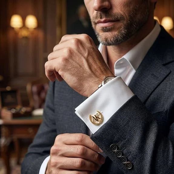Personalized Initial Name Cufflinks for Men, Custom Letter Cufflinks with Laurel Wreath Design, Silver Finish Monogram Cuff Links for Groom Wedding Anniversary Birthday Gift for Husband Boyfriend Father