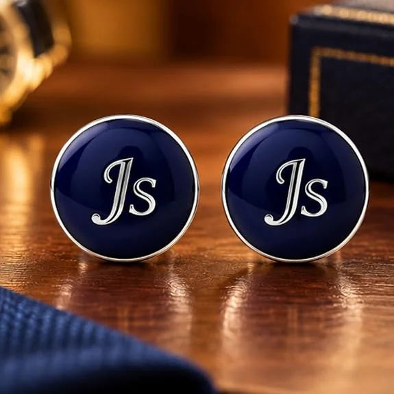 Personalised Cufflinks for Men | Custom Name & Initial Engraved Cufflinks | Navy Blue Round Design with Silver-Tone Finish | Formal Wear Accessories for Wedding, Groom & Special Occasions | Gift Ready