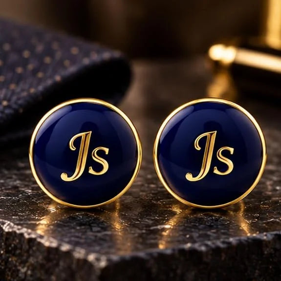 Personalised Cufflinks for Men | Custom Name & Initial Engraved Cufflinks | Navy Blue Round Design with Silver-Tone Finish | Formal Wear Accessories for Wedding, Groom & Special Occasions | Gift Ready