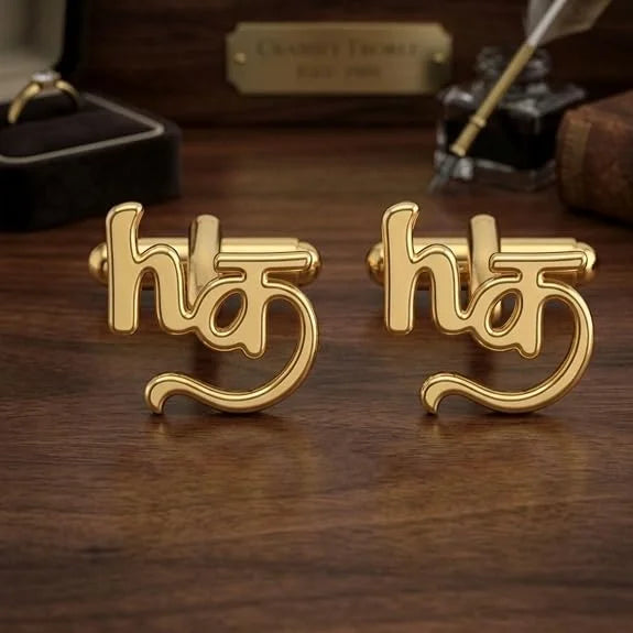 Personalised Name Cufflinks for Men Gold Finish Hindi Englsih Name Design | Custom Name Cufflinks for Man Formal Shirt | Stylish Wedding Cufflinks Groom Gift | Luxury Designer Alphabet Cufflinks for Men