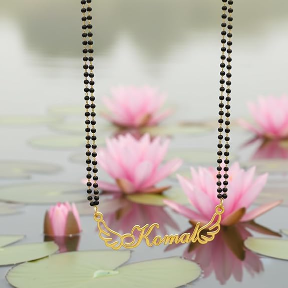 Moskai Personalized Name Mangalsutra – Wings Design Gold Plated Black Beads Necklace