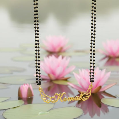 Moskai Personalized Name Mangalsutra – Wings Design Gold Plated Black Beads Necklace