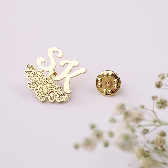 MOSKAI Initials Name Brooch Pin with Floral Design